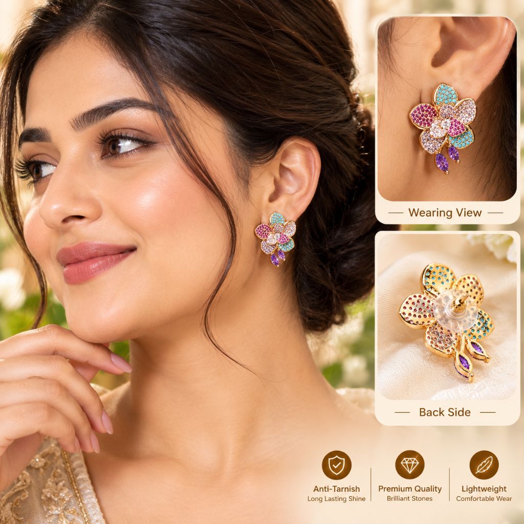 A woman wearing a small flower-shaped earring, with inset close-ups showing the earring from the back and a detailed view of its colorful gemstone design. Text labels read 'Wearing View' and 'Back Side,' with three feature icons below.