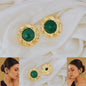 Gold earrings with green stones on a white fabric background, with two additional views of the earrings and a model wearing them.