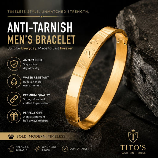 A gold men's bracelet with engraved text, displayed on a dark textured rock background with promotional text and the brand logo 'TITO'S FASHION HOUSE'.