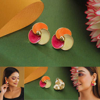 Colorful earrings on a green background with a woman wearing them.