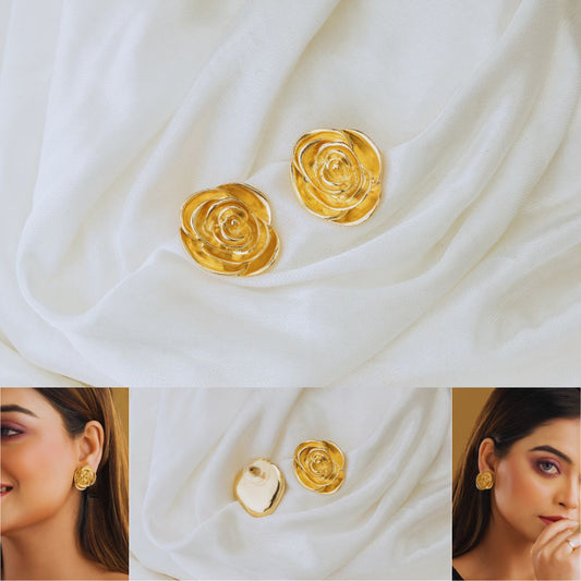 Gold rose-shaped earrings on a white fabric background with close-up shots of a woman wearing them.