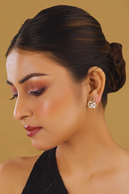 Woman with styled hair and earrings against a beige background