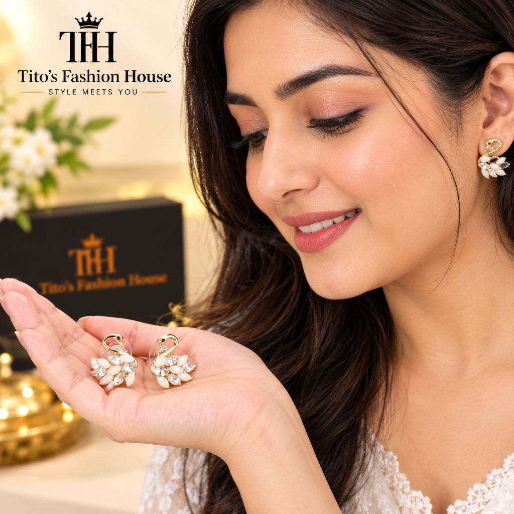 Anti-Tarnish Swan Crystal Stud Earrings for Women & Girls