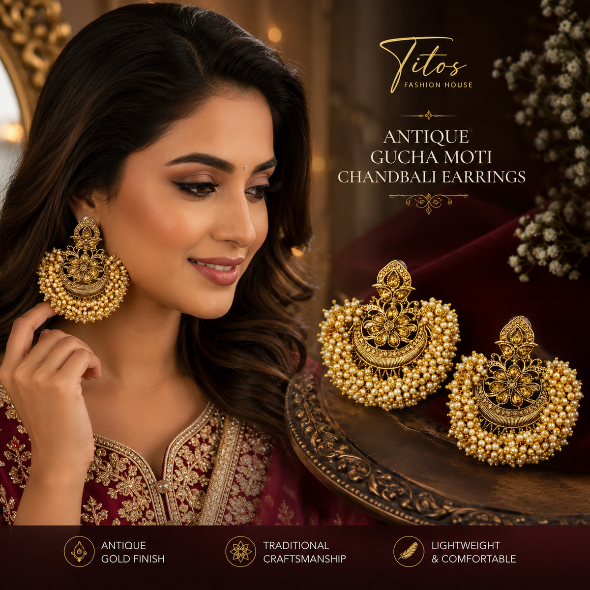 Antique Gucha Moti Chandbali Earrings – Traditional Ethnic Statement Jewelry