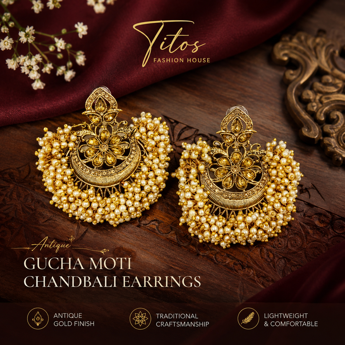 Antique Gucha Moti Chandbali Earrings – Traditional Ethnic Statement Jewelry