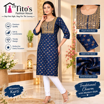 A woman modeling a navy blue traditional kurta with gold embroidery and white pants, shown in a styled indoor setting with product feature callouts and fabric detail insets. The brand name 'Tito's Fashion House' is visible in the top left.