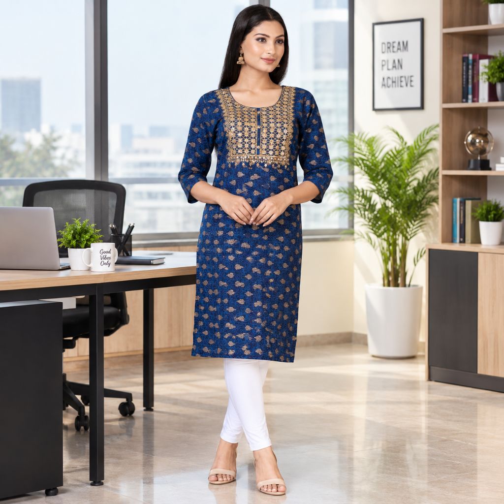 A woman stands in a modern office setting wearing a navy blue three-quarter sleeve kurta with gold foil patterns and a gold embroidered neckline, paired with white pants and beige sandals.