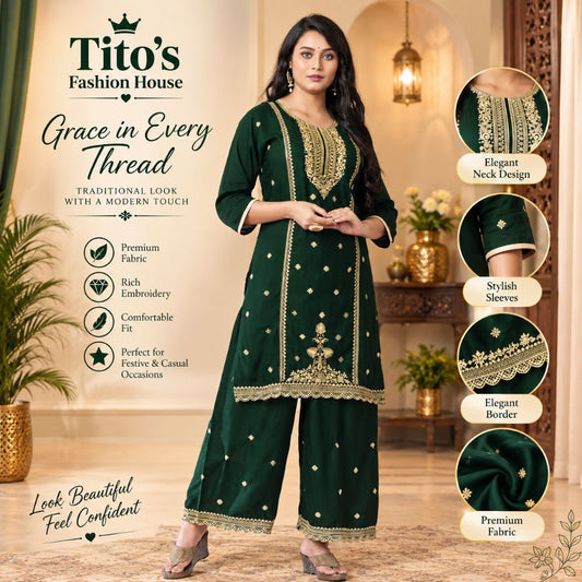 A woman modeling a dark green traditional Indian salwar kameez suit with gold embroidery, set against an elegant indoor background. The image includes promotional text for 'Tito's Fashion House' and circular detail callouts highlighting the neckline, sleeves, border, and fabric quality.