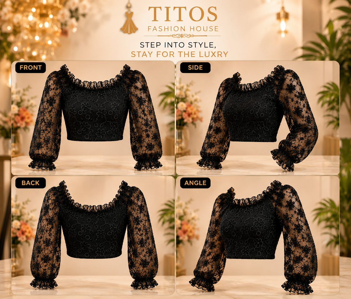 Elegant Black Floral Lace Crop Top for Women | Stylish Party Wear Top | Full Sleeve Sheer Design