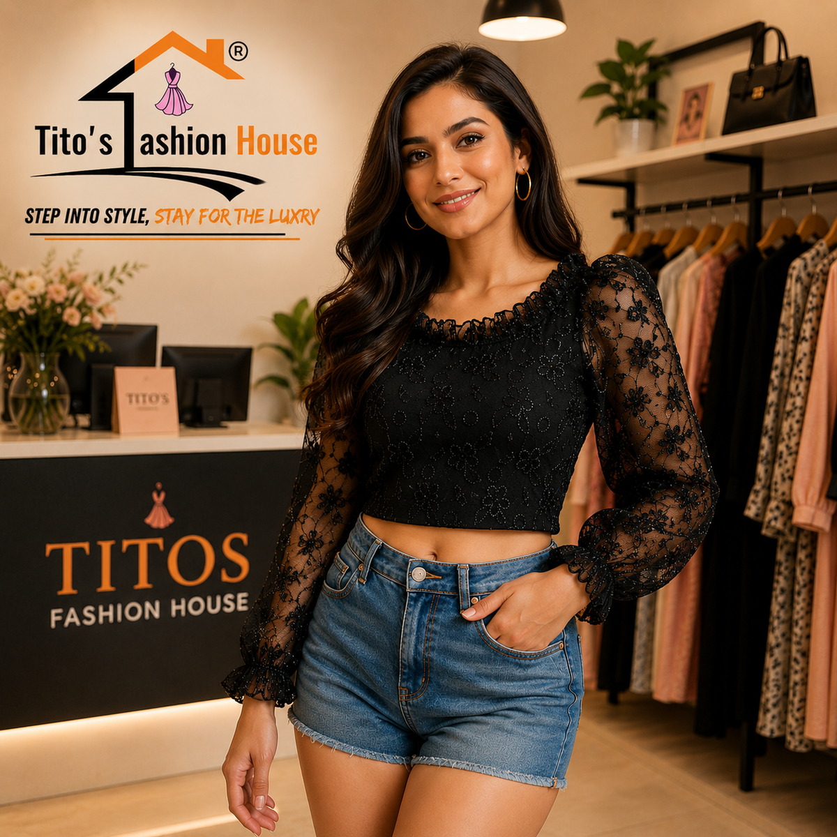 Elegant Black Floral Lace Crop Top for Women | Stylish Party Wear Top | Full Sleeve Sheer Design