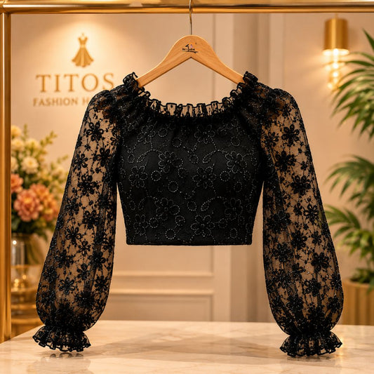 Black lace top on a hanger with 'TITOS Fashion' logo in the background