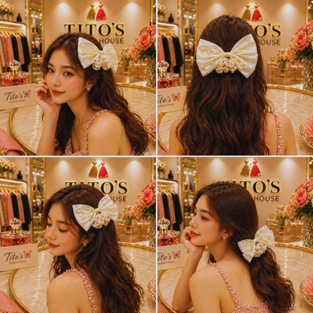 Elegant Bow Hair Clip Combo – 3 Pcs Set | Pearl Bow Scrunchie Hair Accessories for Women & Girls