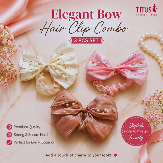 Three elegant bow hair clips on a decorative background with TITOS branding.