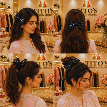 Woman with hair styled in various ways in a store setting with 'Tito's Fashion House' branding.