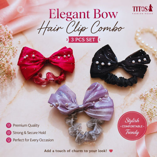 Three elegant bow hair clip combos with red, black, and purple bows on a marble surface.