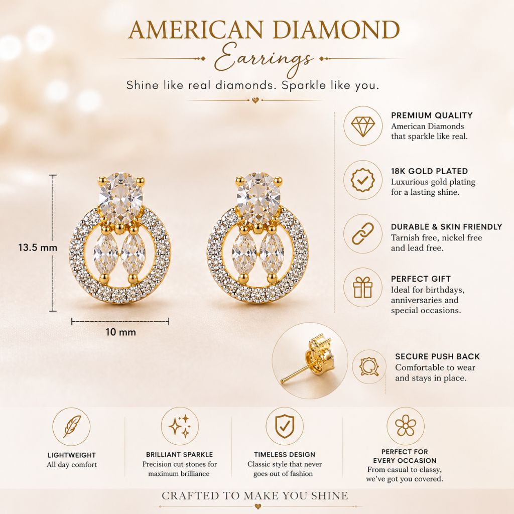 Elegant Halo American Diamond Stud Earrings – Gold Finish