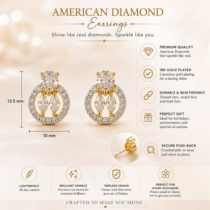 Gold earrings with American Diamond branding and product features on a beige background