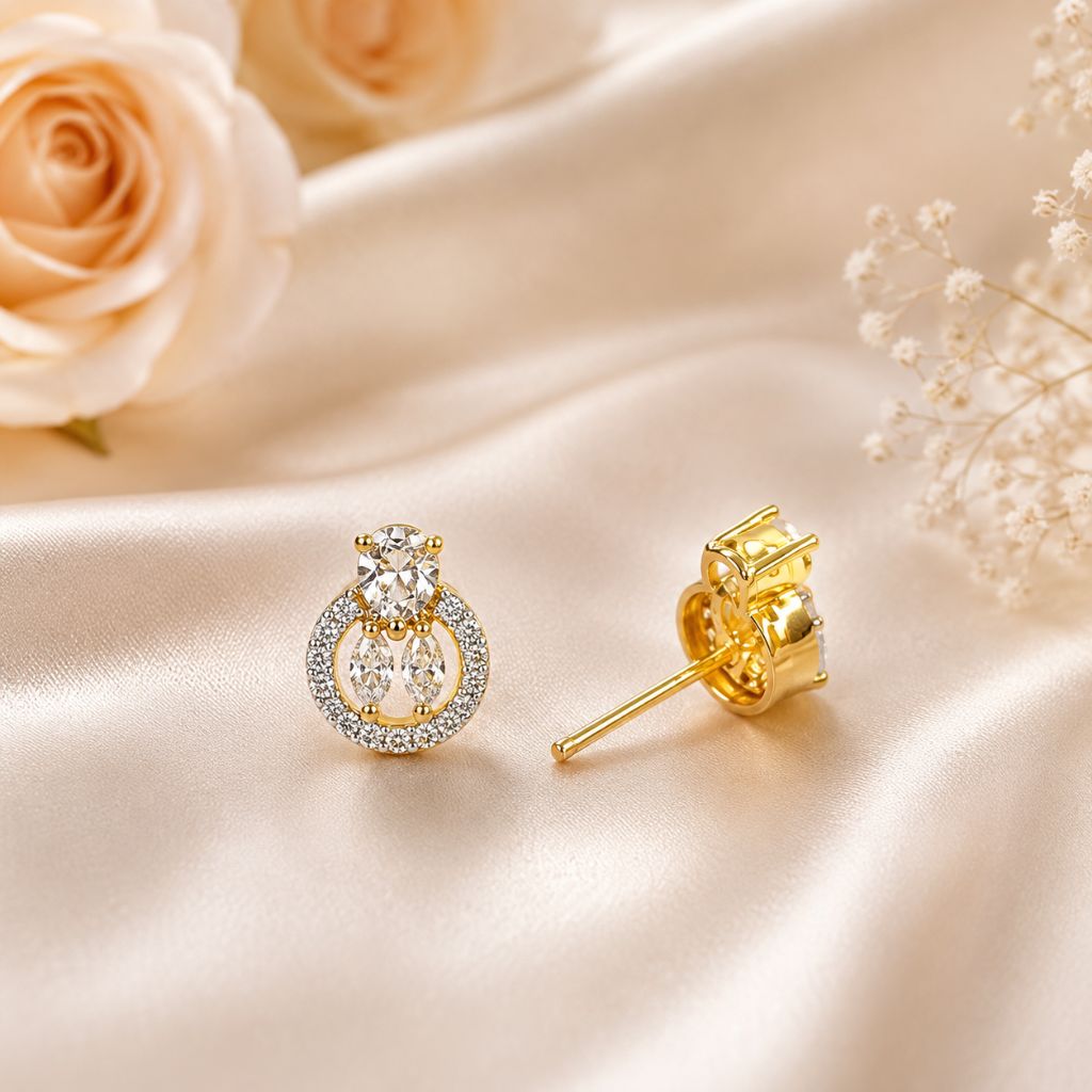 Elegant Halo American Diamond Stud Earrings – Gold Finish