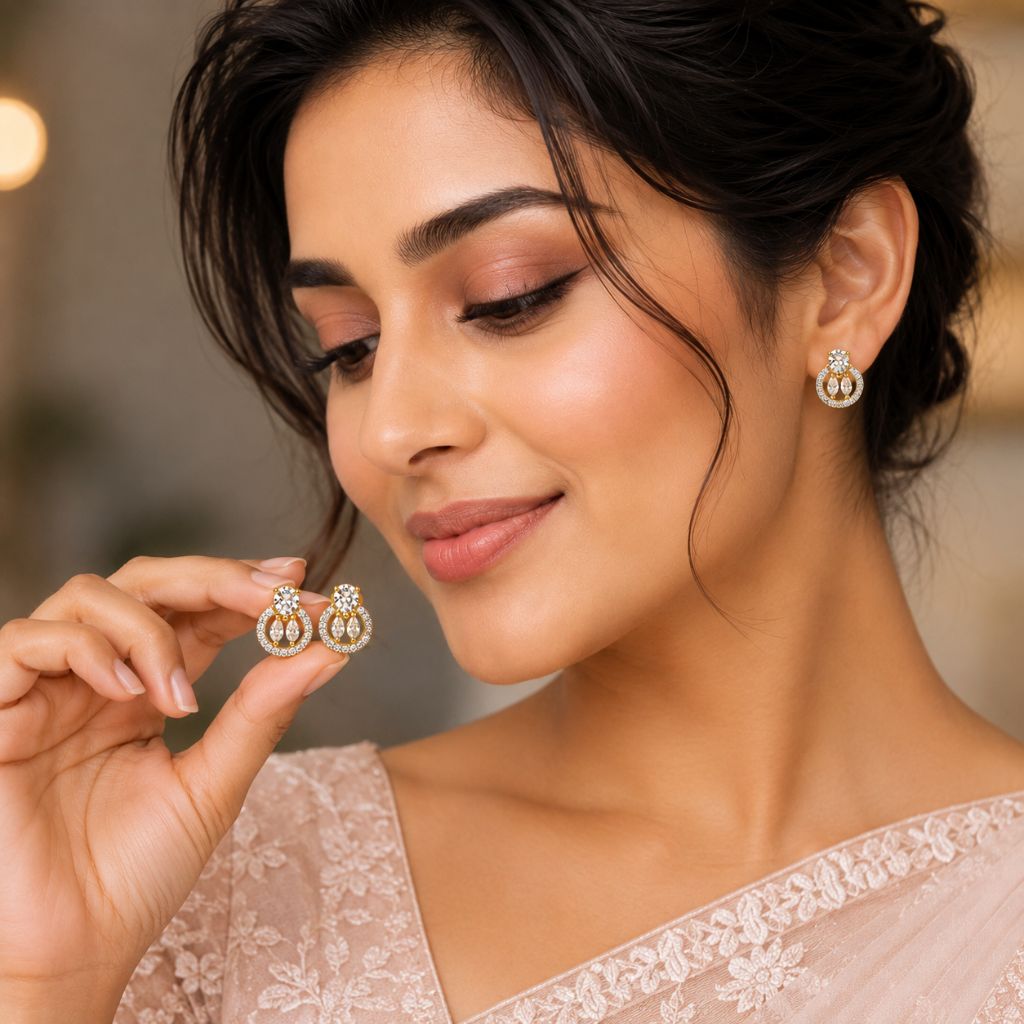 Elegant Halo American Diamond Stud Earrings – Gold Finish