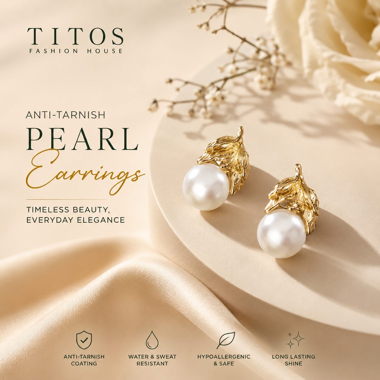 Gold pearl earrings on a beige surface with TITOS Fashion House branding and product features listed.