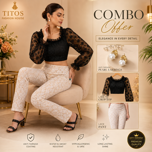 Woman sitting in a chair wearing a lace outfit with earrings, surrounded by product details and TITOS Fashion House branding.