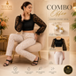 Woman sitting in a chair wearing a lace outfit with earrings, surrounded by product details and TITOS Fashion House branding.
