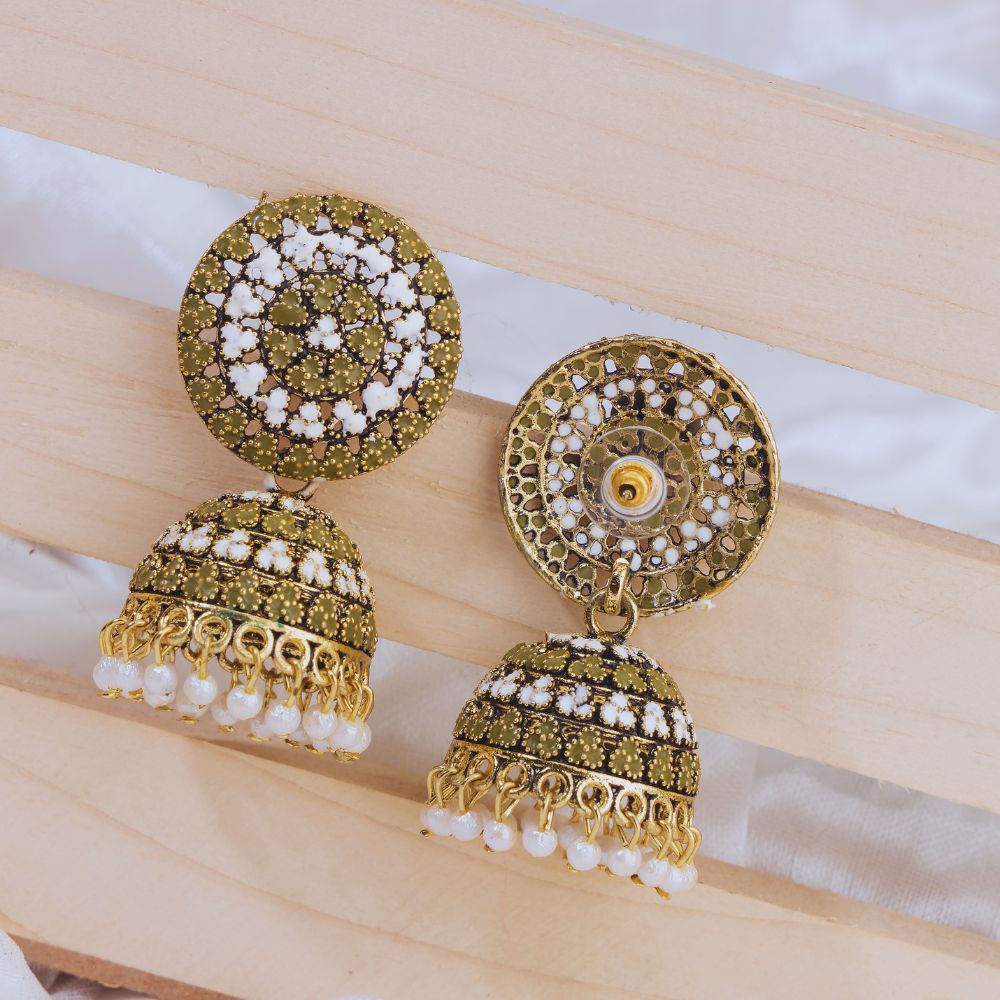 Elegant Olive Green & White Traditional Jhumka Imitation Earrings for Women