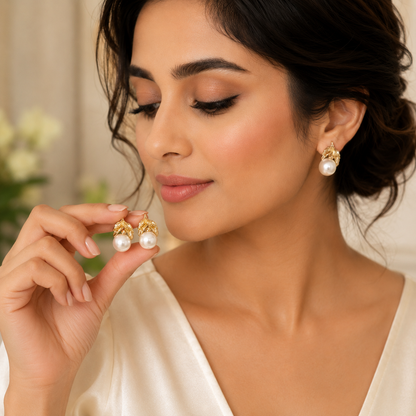 Woman wearing pearl earrings with a neutral background