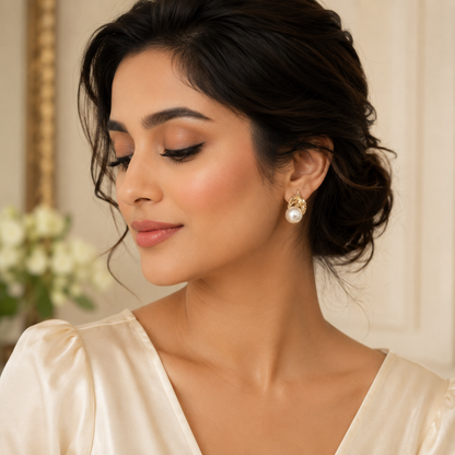 Woman wearing pearl earrings with a neutral background