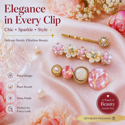 Decorative hair clips with floral design and pearl accents on a soft pink background.