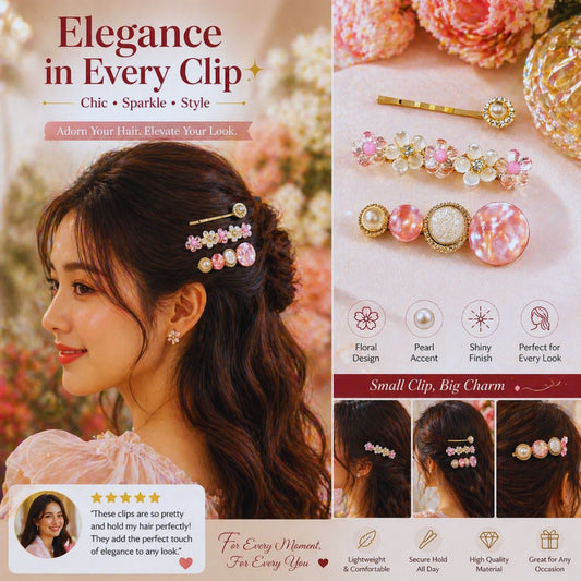 Hair clips with floral and pearl design on a woman's hair, with product details and customer review on the right.