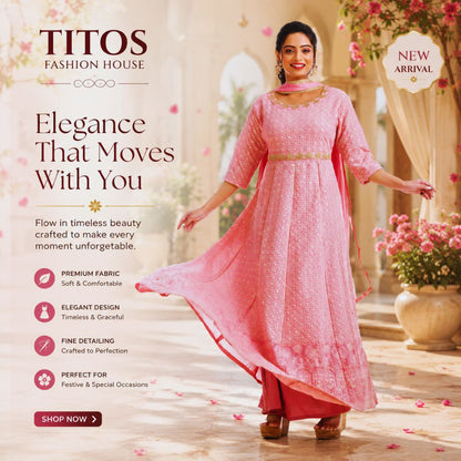 Elegant pink embroidered festive women’s gown with dupatta, modeled for Tito’s Fashion House.