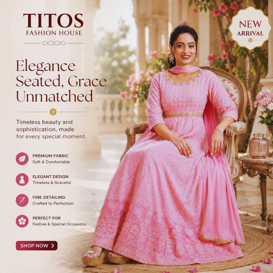 Woman in a pink traditional outfit sitting on a chair with TITOS Fashion House branding.