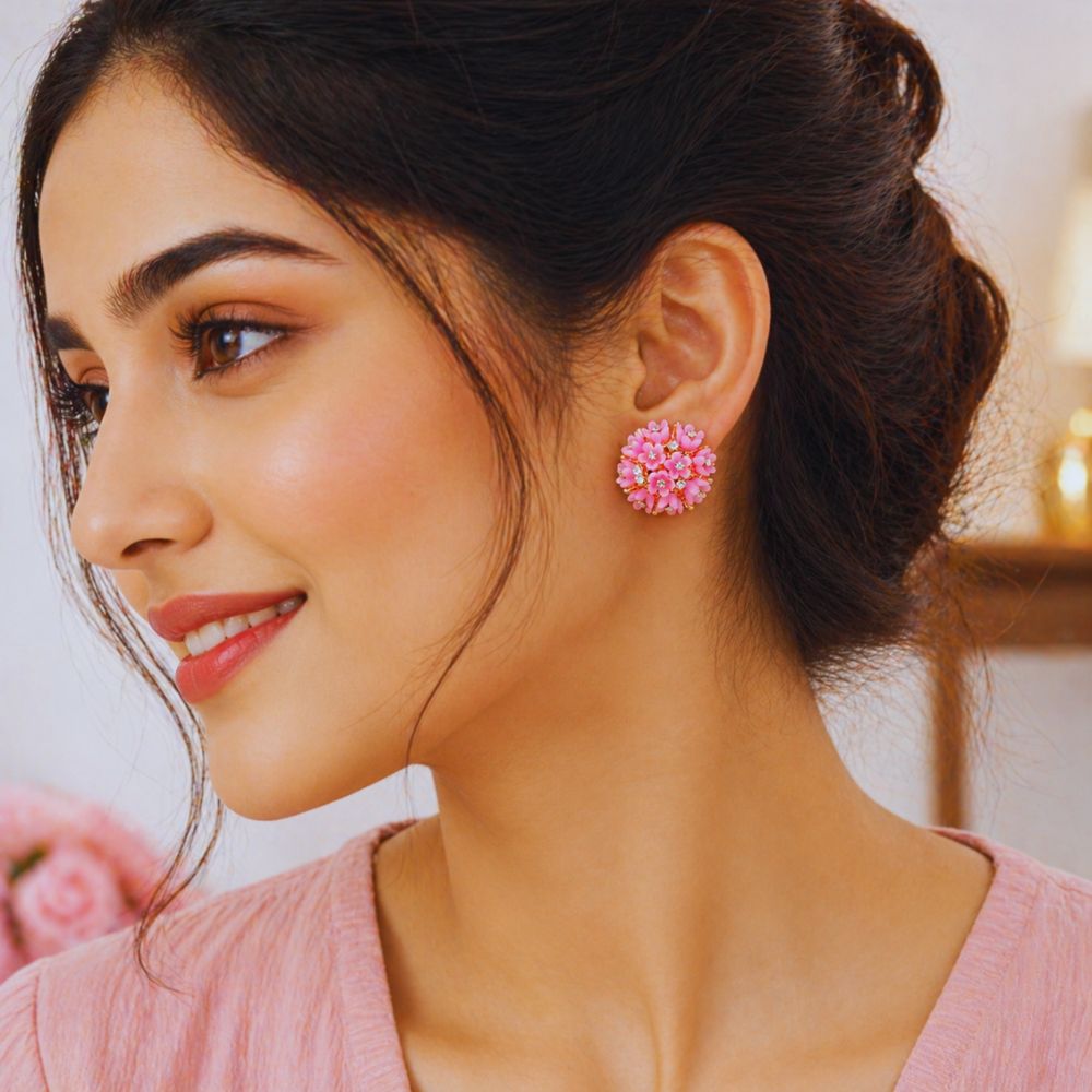 Elegant Pink Floral Crystal Stud Earrings for Women | Premium Imitation Jewellery