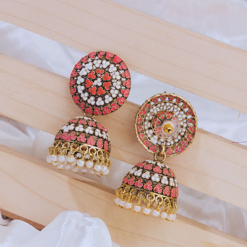 Elegant Pink & White Traditional Jhumka Imitation Earrings for Women