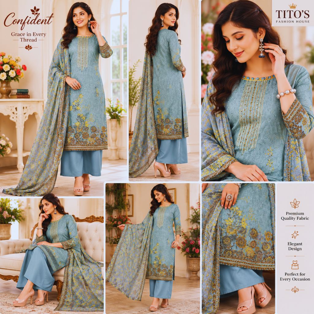 Elegant Powder Nude Blue Floral Embroidered Unstitched Salwar Suit with Dupatta