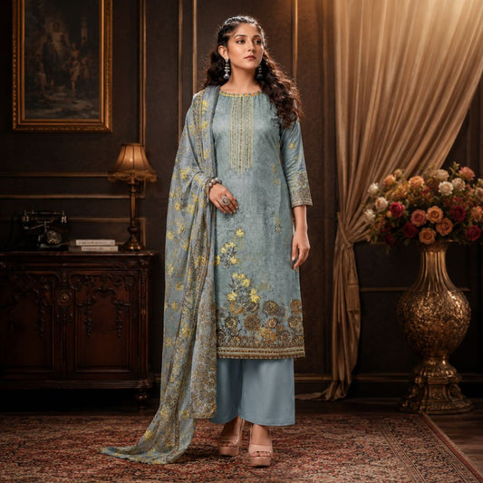 Elegant Powder Nude Blue Floral Embroidered Unstitched Salwar Suit with Dupatta