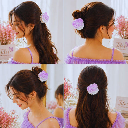 Woman with a floral hair accessory in various poses against a blurred background
