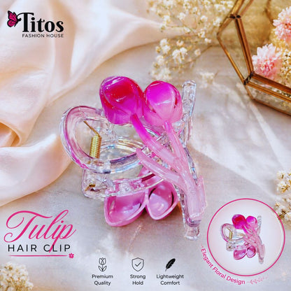 Pink tulip-shaped hair clip with clear base on a soft fabric background, featuring 'Titos Fashion House' branding.