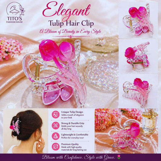 Elegant Tulip Hair Clip with product details and TITOS Fashion House branding.