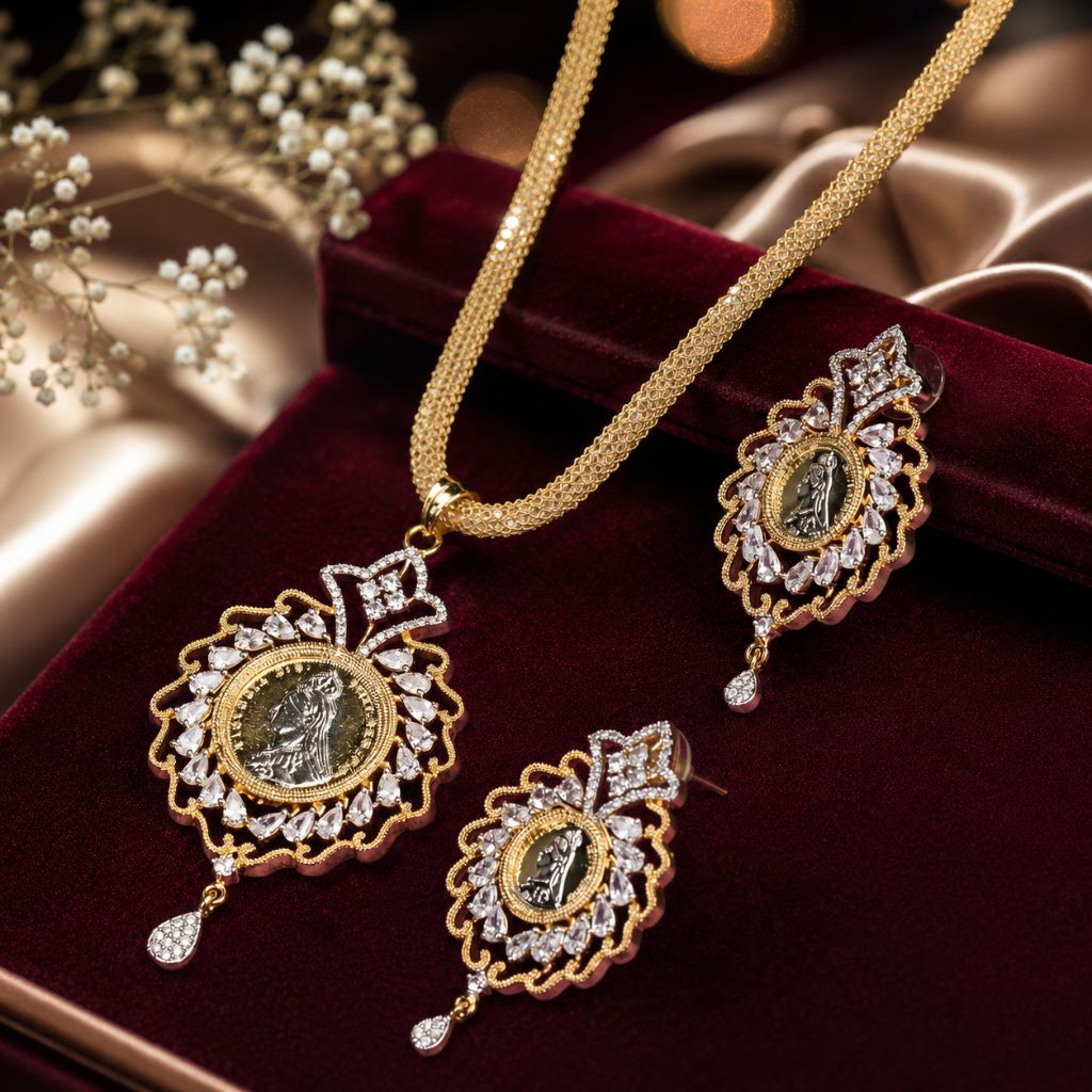Gold-toned jewelry set with a necklace and matching earrings, featuring ornate filigree details and central coin-like medallions, displayed on a dark burgundy velvet surface with soft satin fabric and decorative flowers in the background.
