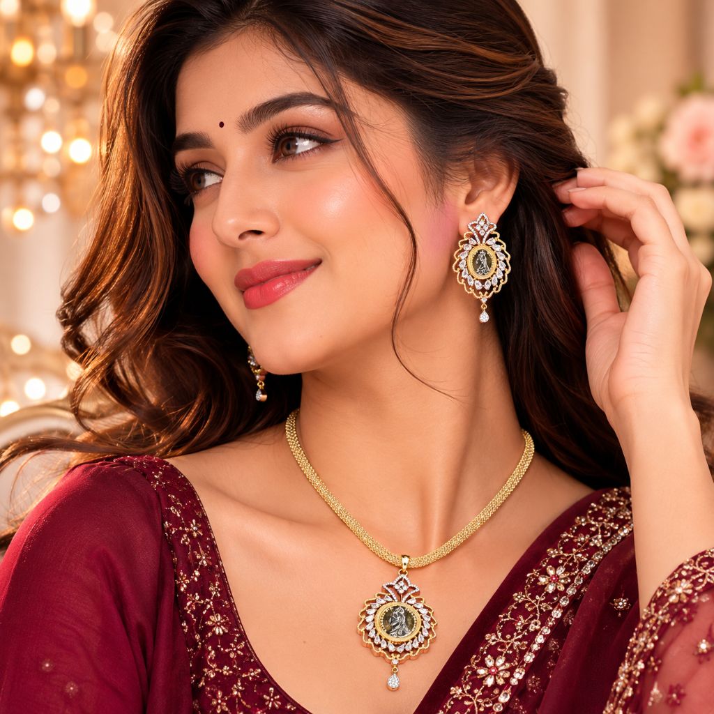 A woman wearing a gold-toned traditional necklace and matching drop earrings with green and white stone accents, paired with a deep maroon embroidered outfit. The background features warm, soft-focus bokeh lights.