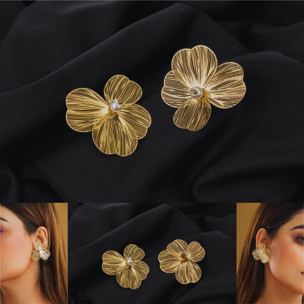 Anti-Tarnish Floral Gold Stud Earrings with Pearl for Women & Girls | Tito's Fashion House