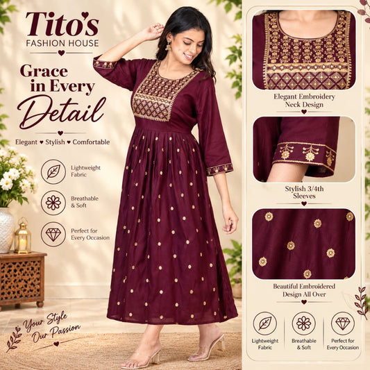 A woman modeling a deep maroon maxi kurta with gold embroidery and gold polka dots, shown alongside detailed close-up feature callouts on the right. The brand 'Tito's Fashion House' is displayed on the left.