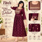 A woman modeling a deep maroon maxi kurta with gold embroidery and gold polka dots, shown alongside detailed close-up feature callouts on the right. The brand 'Tito's Fashion House' is displayed on the left.