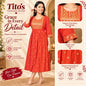 A woman models a red-orange kurta dress with gold embroidery details, shown in a promotional layout with close-up inset views of the neckline, sleeve, and skirt embroidery. Text on the left reads 'Tito's Fashion House' and highlights fabric, comfort, breathability, and overall design.