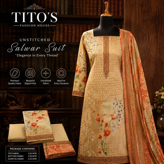 A beige printed salwar suit set displayed on a mannequin, with matching folded fabric pieces shown at the lower left. The image includes promotional text reading 'TITO'S FASHION HOUSE' and 'Unstitched Salwar Suit' with feature icons and package contents listed.