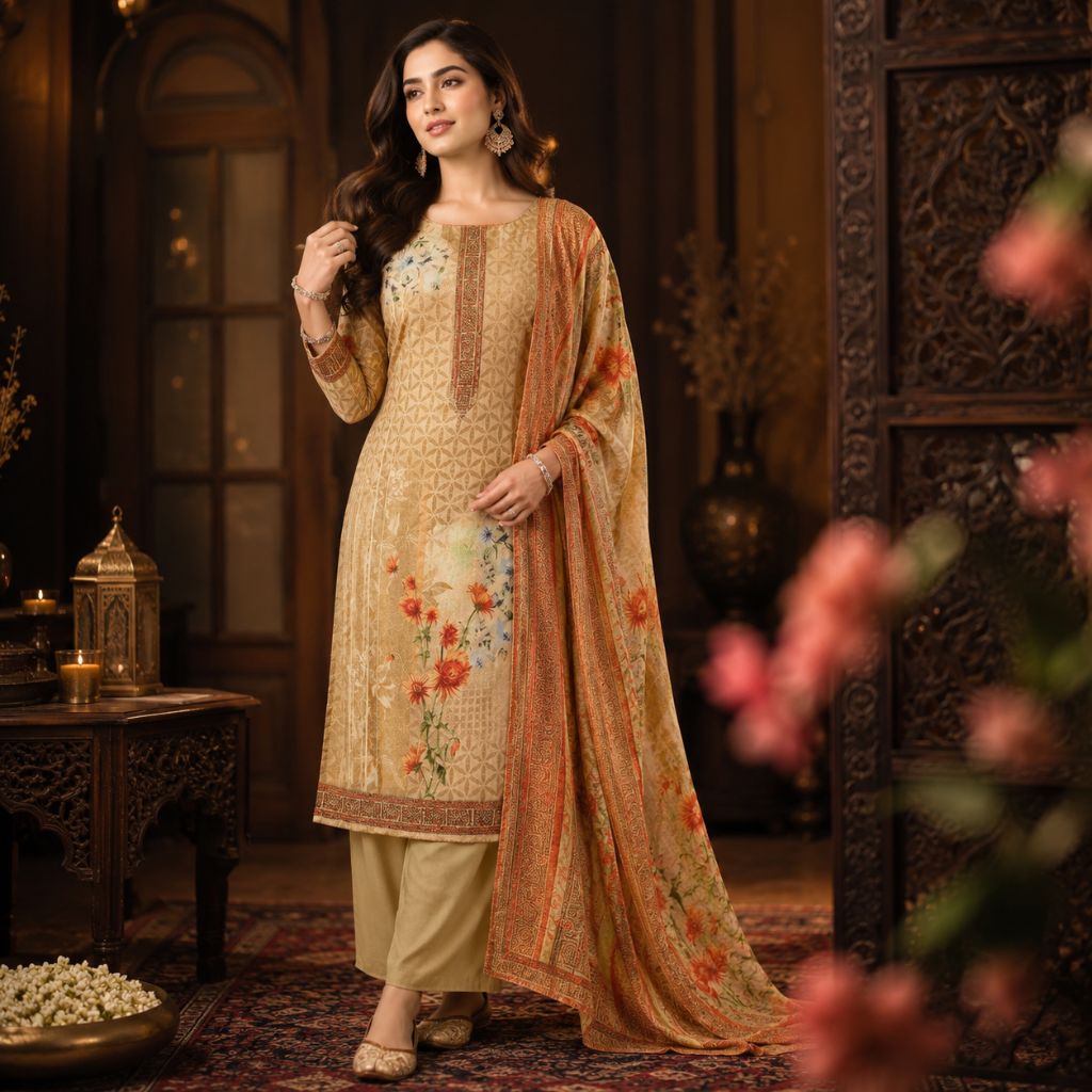 A woman models a traditional South Asian salwar kameez suit in a warm, dark, ornate room. The set features a beige printed kurta with colorful floral embroidery, beige trousers, and a matching peach dupatta with orange and red floral patterns.