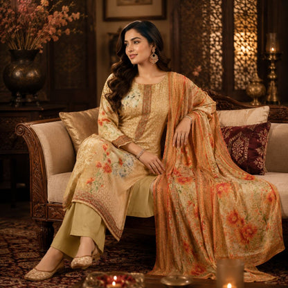 A woman seated on an ornate sofa wearing a traditional embroidered salwar kameez outfit in warm beige, peach, and orange tones with floral print details, photographed in a richly decorated interior.