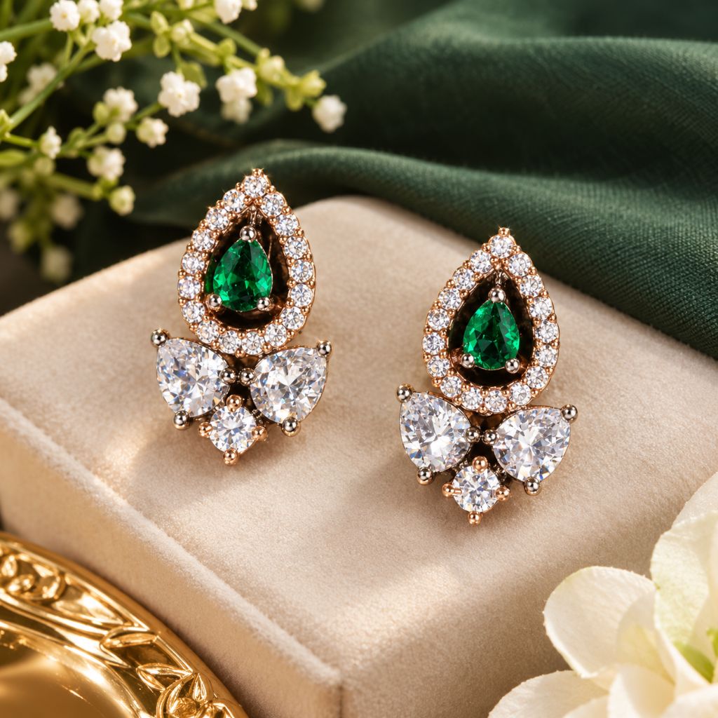 A pair of gold-toned teardrop-shaped stud earrings with emerald-cut green centers and clear pavé stones, displayed on a beige jewelry box with green fabric and white flowers in the background.